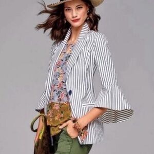 CAbi #5295 Size 4 Navy/ White Striped Bell Sleeve Blazer Jacket